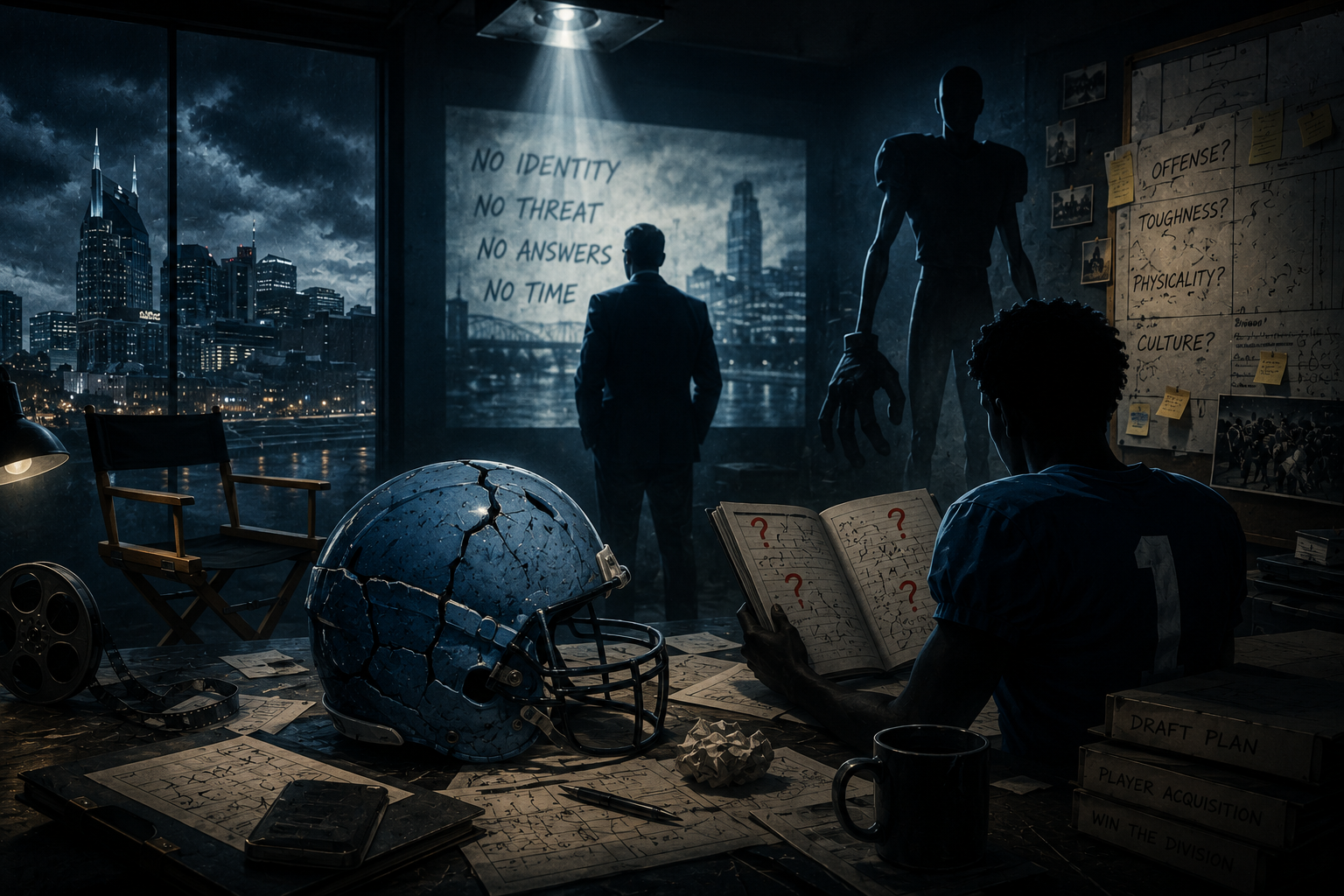 A dark Nashville football war-room illustration for Forgetting the Titans