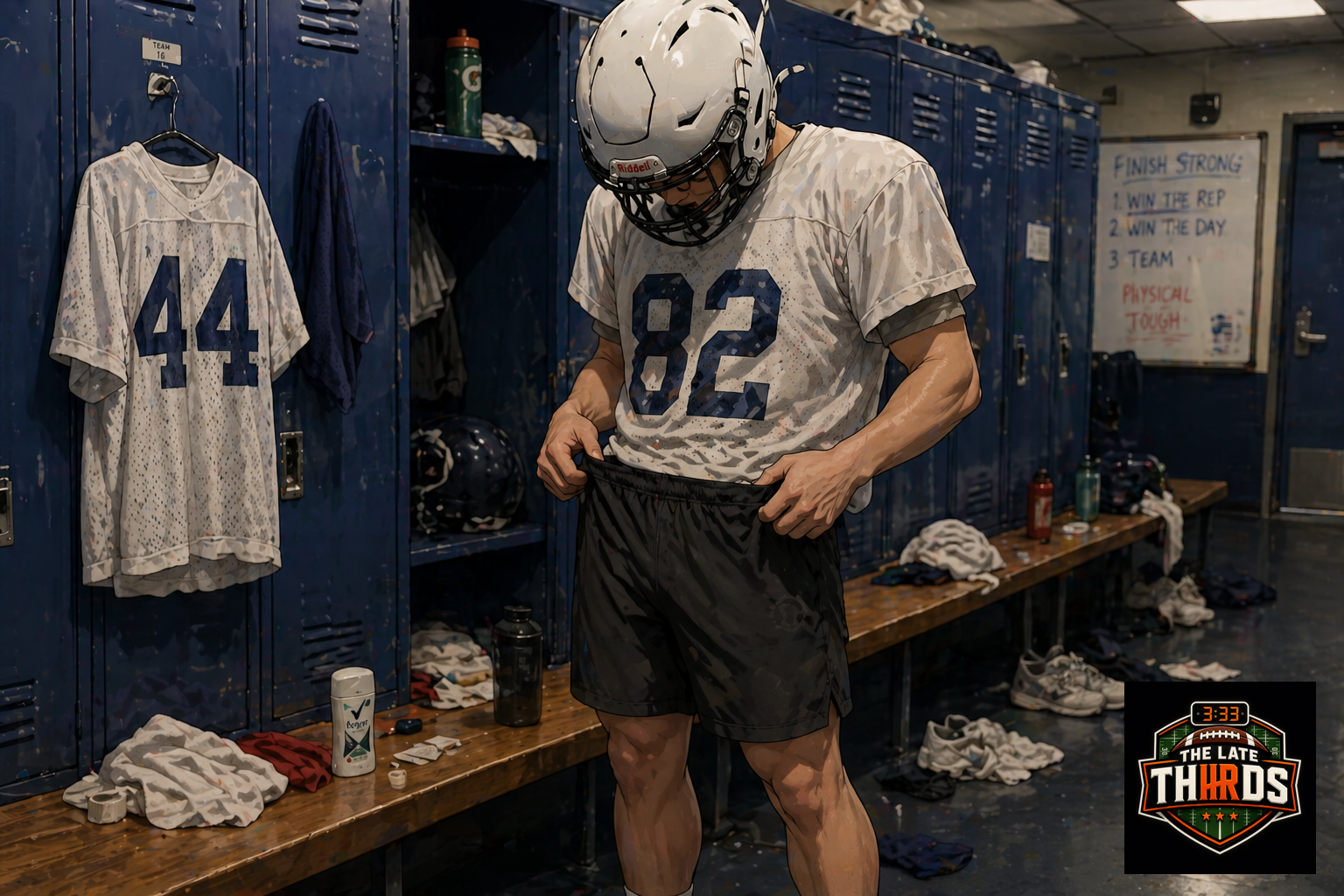 Tight end in locker room preparing for practice