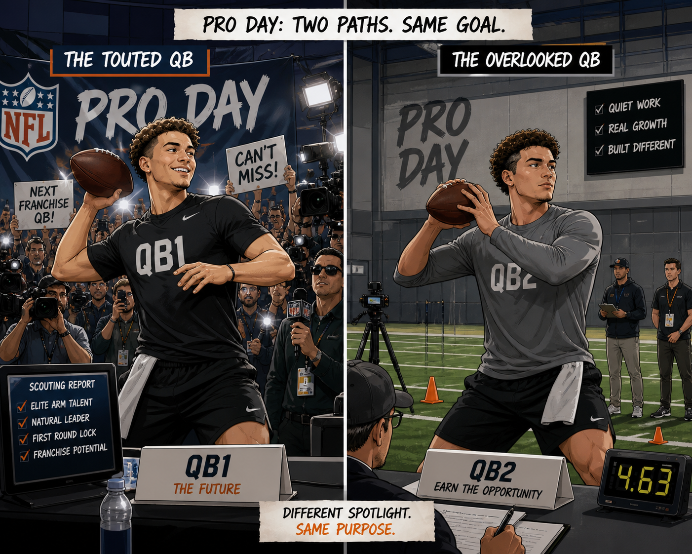 Split-panel comic illustration of two Pro Day quarterbacks