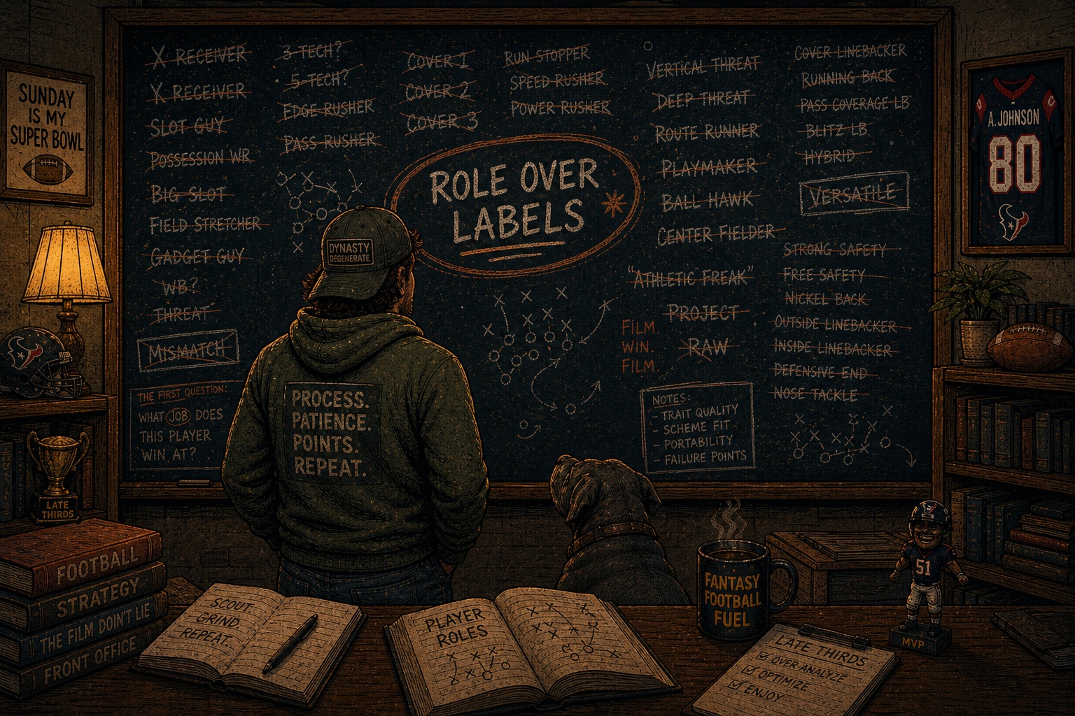 Football scouting chalkboard explaining role over labels
