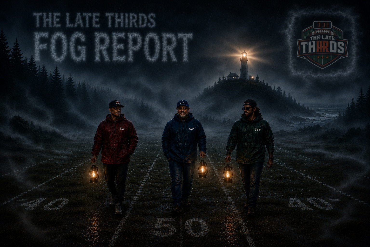 Fog Report artwork with the TLT logo, lighthouse and three hosts