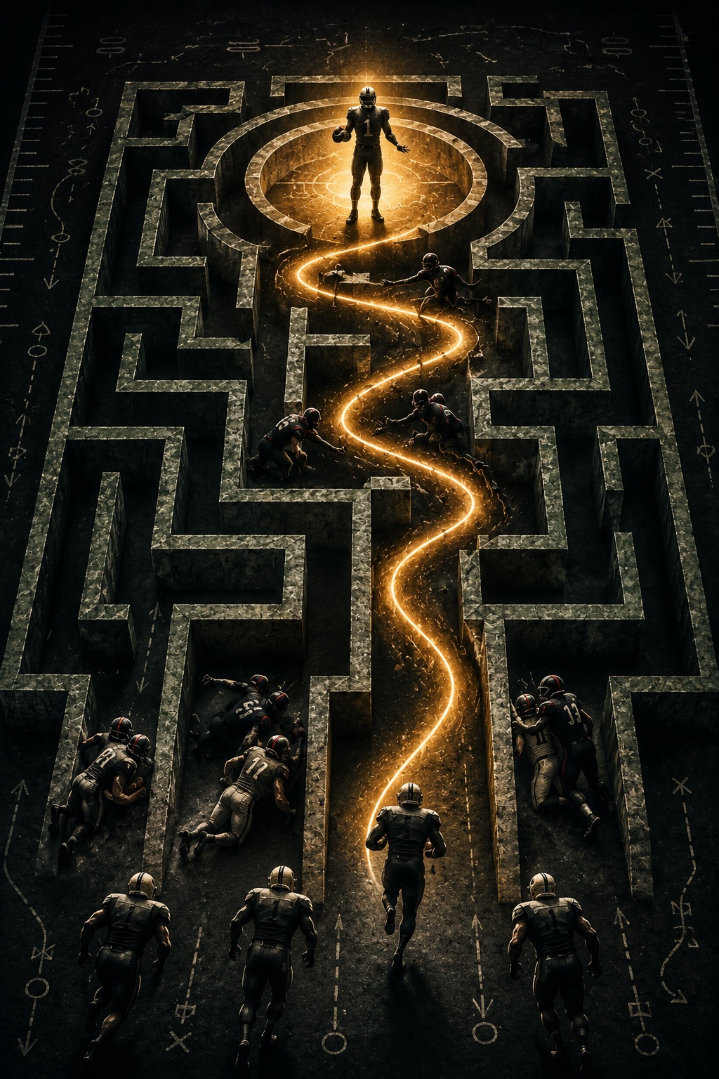A football player standing in the glowing center of a maze after finding the hidden path through defenders.