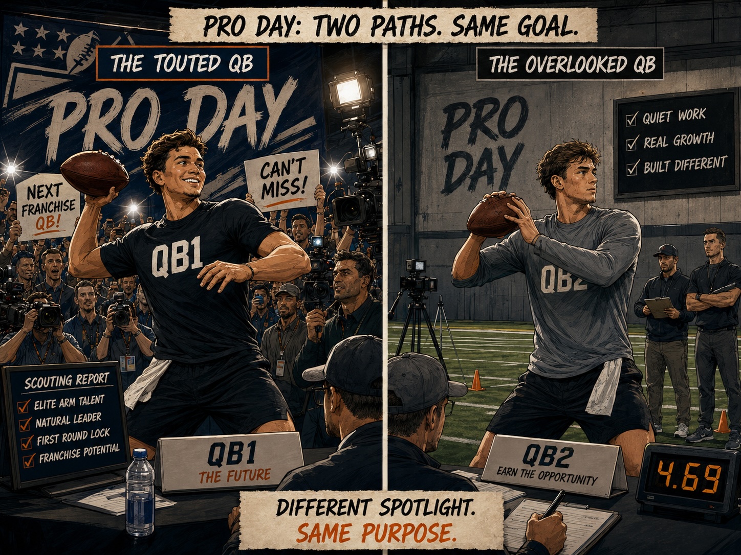 Split-panel comic illustration of two Pro Day quarterbacks
