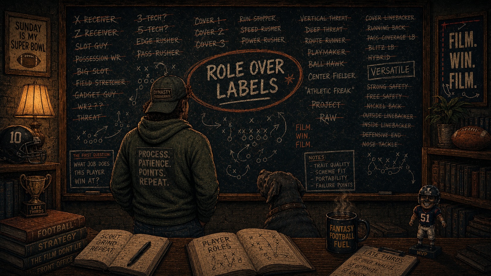 Football scouting chalkboard explaining role over labels