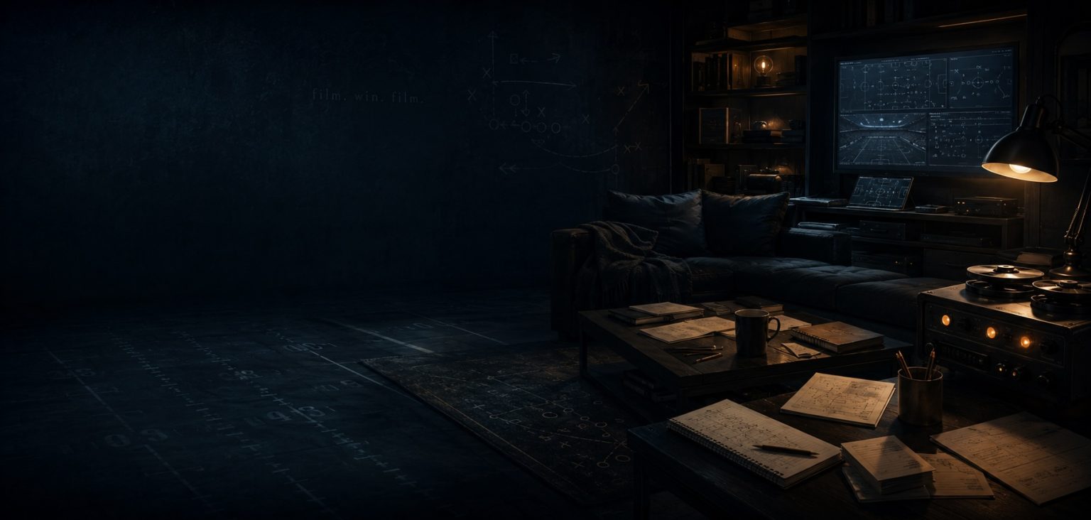 A dark football film room with scouting notes and game screens