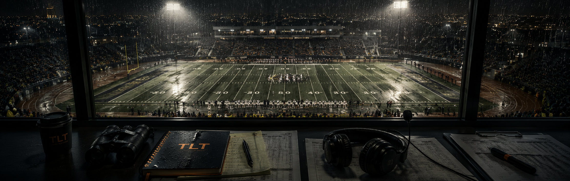 Rainy football field viewed from a scouting booth