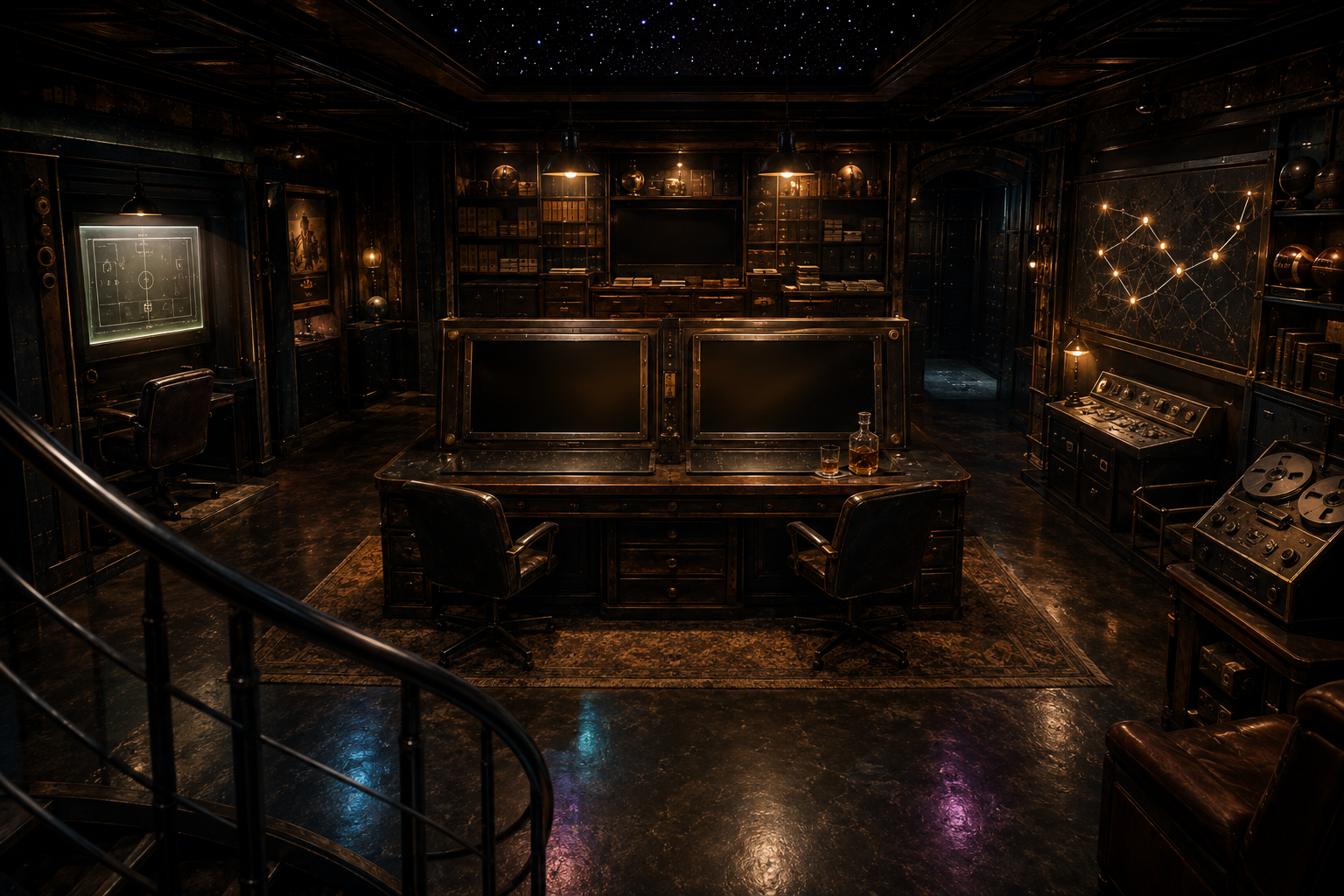 The Late Thirds 3rd Floor Suite, an after-dark archive room with five interactive football game stations.