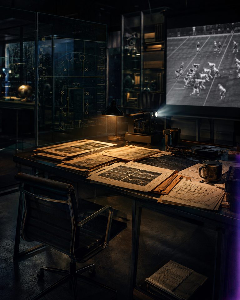 A late-night football scouting room with player files, film equipment, and a projection screen