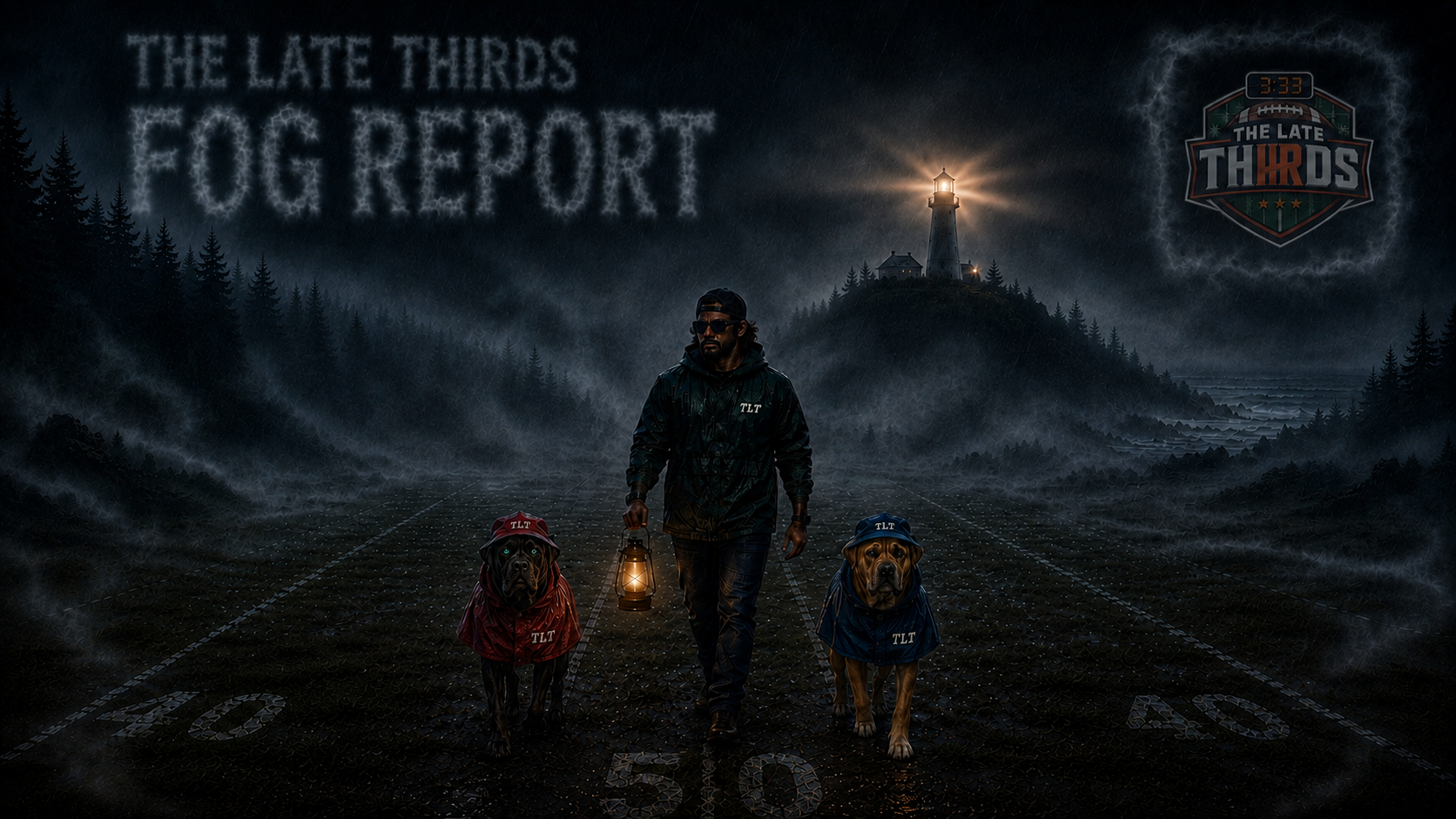 The Late Thirds Fog Report: Tony and two dogs in raincoats on a foggy lighthouse coast